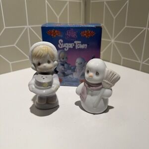 Sugar Town Girl Making Snowman Porcelain 4" Salt Pepper Shakers Year 1994 NEW
